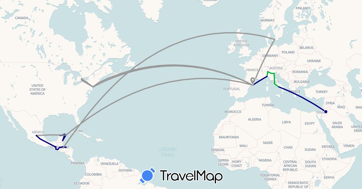 TravelMap itinerary: driving, bus, plane in Canada, Denmark, Spain, Guatemala, Honduras, Italy, Jordan, Mexico, San Marino, United States (Asia, Europe, North America)